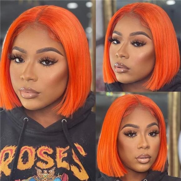 13X4 Colored # 350 Ginger Orange Glueless Bob Wig Human Hair HD Transparent main image 4